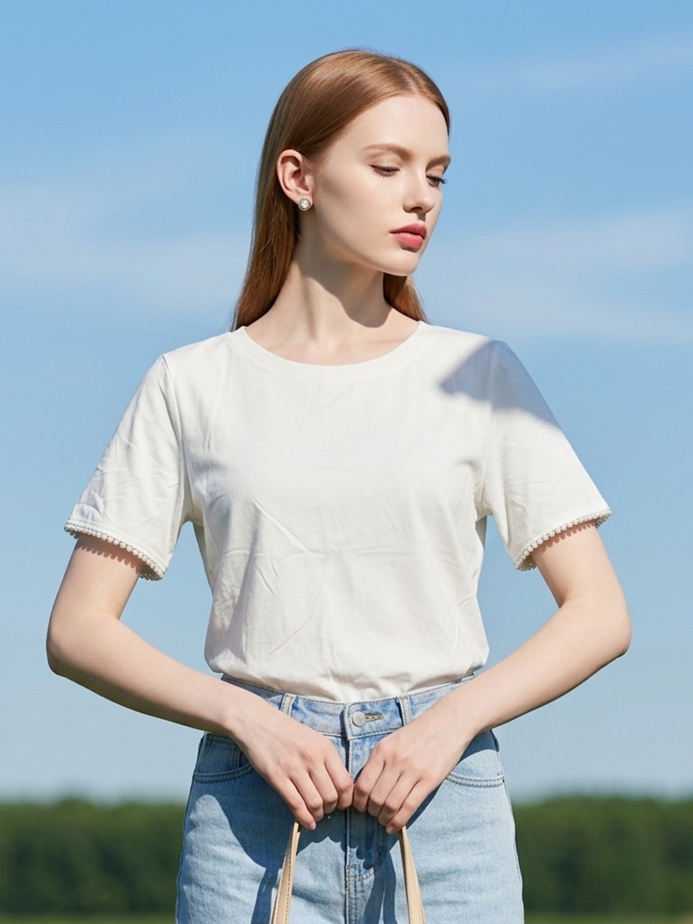 NWT Joie Womens Large Short White Tee Shirt Pearl Hem Cropped Preppy